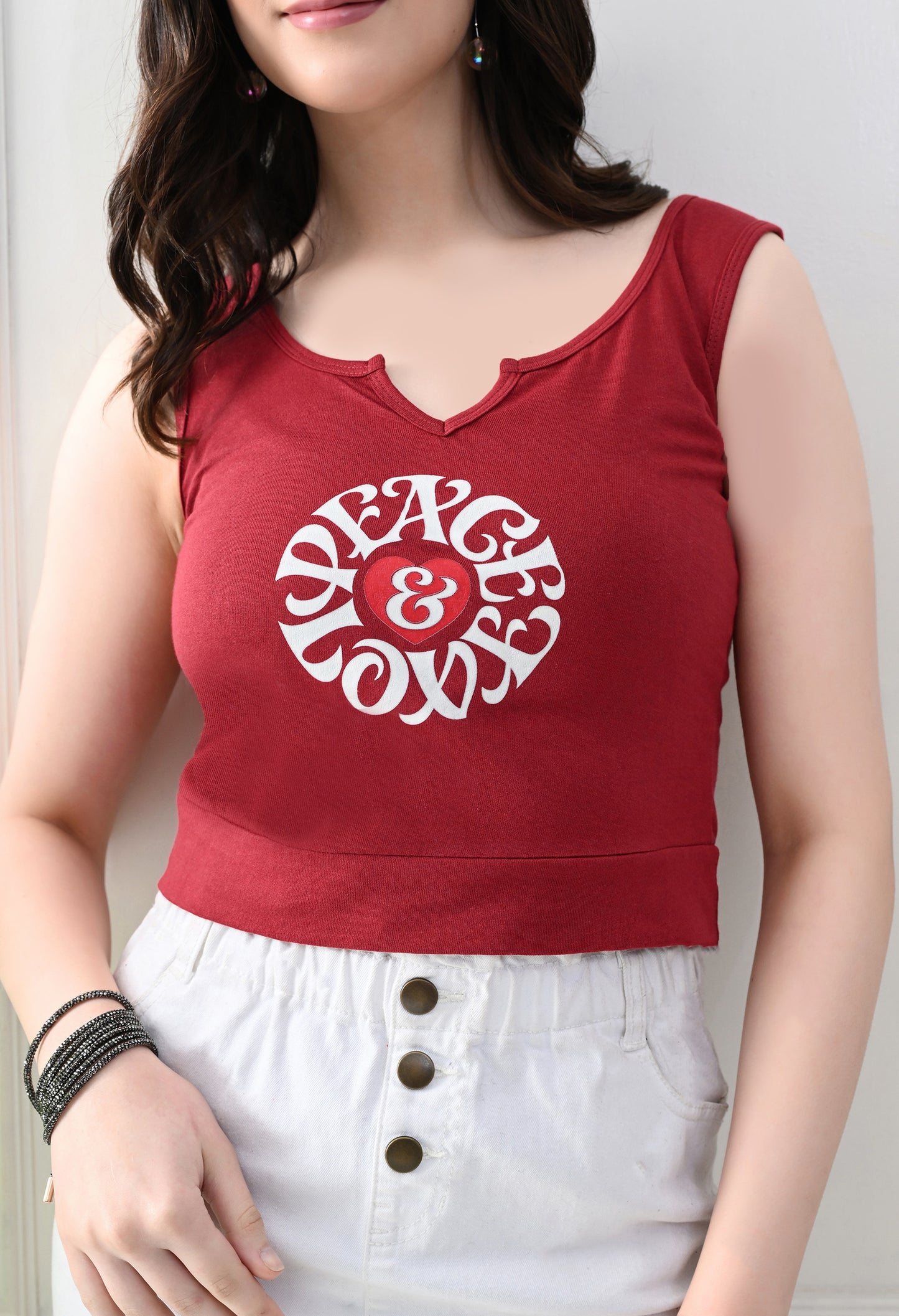 Peace & Love Notch Neck Tank Top – Maroon