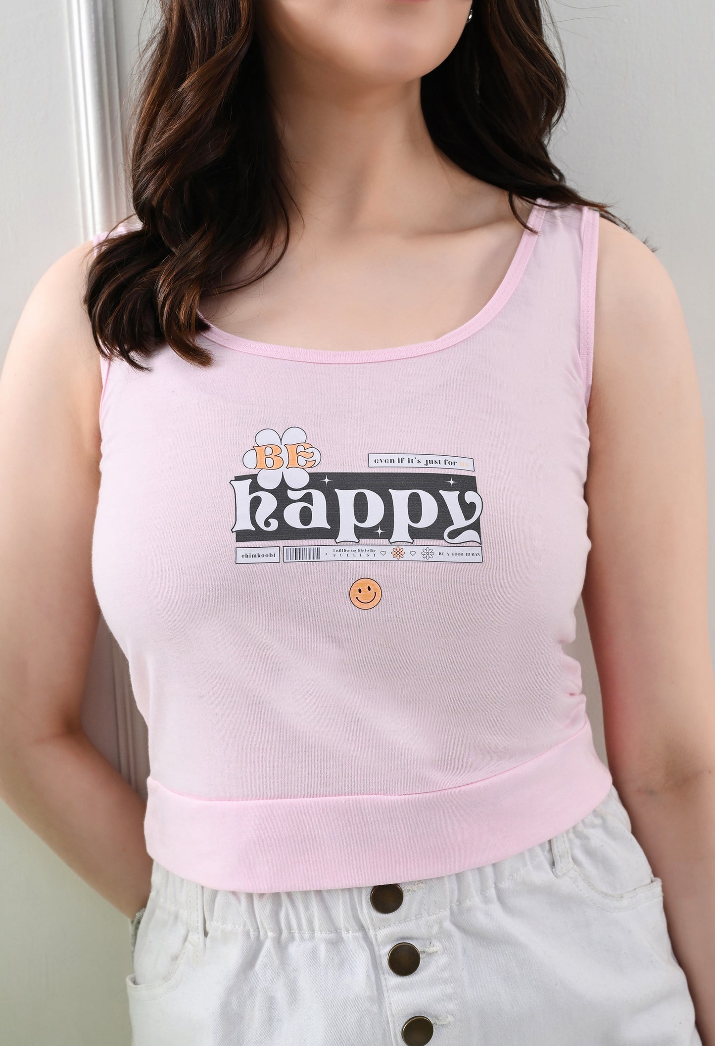 Be Happy Graphic Pink Tank Top